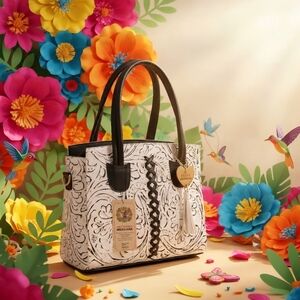 Black & White Floral Cross Stitch Embossed Tooled Artisan LEATHER Bag Purse Tote